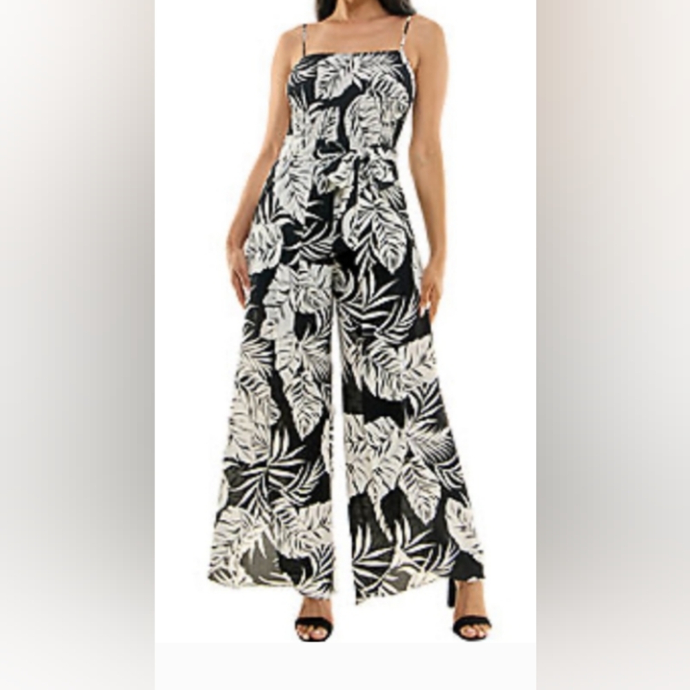 Premier Armour Black and White Leaf Print Wide-Leg Jumpsuit